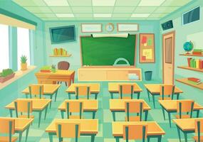 vuoto cartone animato aula. scuola camera con classe lavagna e banchi. moderno matematico classi interno vettore illustrazione