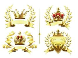 realistico araldico emblemi. insegne con d'oro corona, oro incoronazione medaglia e emblema con reale corone su scudi 3d vettore impostato