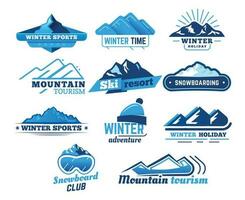 neve montagna cartello. inverno paesaggio logo, montagne simbolo, sciare o Snowboard sciare vettore design modello