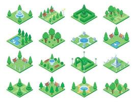 isometrico verde parco o giardino alberi. Fontana e cespugli, panchine e stagno. 3d isometrico città carta geografica vettore elementi