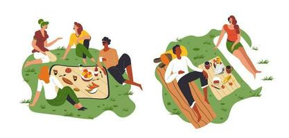 amici riposo nel parco su picnic persone su natura vettore