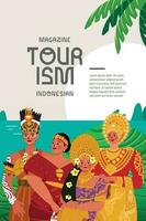 turismo libro copertina illustrazione con indonesiano tradizionale nozze vestito piatto stile vettore