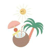 Noce di cocco cocktail su un' caldo estate giorno. piatto illustrazione con palma albero, sole e Noce di cocco cocktail, riposo tempo vettore