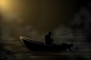 immagine vettoriale di un pescatore su una barca con un cane al buio nella nebbia