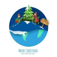 allegro Natale e contento nuovo anno manifesto design con allegro bambini decorato natale albero, non fare tagliare alberi tavola su bianca e blu carta globo sfondo. vettore