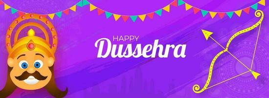 sito web intestazione o bandiera design con illustrazione di sorridente viso di demone ravana con d'oro arco, freccia su viola astratto sfondo per Dussehra Festival celebrazione. vettore