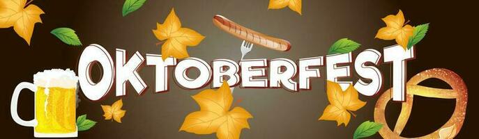 oktoberfest intestazione o bandiera disegno, birra tazza, salsiccia con forchetta e pretzel, le foglie su lucido Marrone sfondo. vettore