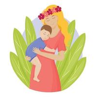 una madre tiene in braccio il suo giovane figlio. la mamma abbraccia un bambino piccolo. il genitore mostra amore e cura illustrazione vettoriale di personaggi dei cartoni animati colorati