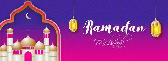 islamico santo mese di digiuno, Ramadan celebrazione bandiera o manifesto design con moschea e sospeso lanterna o rosa e viola sfondo. vettore