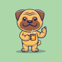 carino carlino cane potabile caffè cartone animato vettore icona illustrazione. animale bevanda icona concetto isolato.