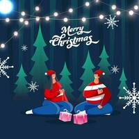 cartone animato coppia godendo bevande a allegro Natale o inverno stagione con regalo scatole, natale alberi, i fiocchi di neve e illuminazione ghirlanda su pieno Luna blu sfondo. vettore