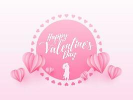 contento San Valentino giorno font con silhouette romantico coppia e rosa origami carta cuori decorato sfondo. vettore