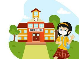 carino alunno ragazza indossare medico maschera nel davanti di scuola edificio su astratto natura sfondo. vettore