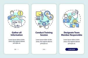 ambientazione su attività commerciale Software suggerimenti onboarding mobile App schermo. marca Procedura dettagliata 3 passaggi modificabile grafico Istruzioni con lineare concetti. ui, ux, gui modello vettore