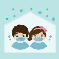 ragazzo e ragazza indossano maschere mediche e stanno a casa durante la pandemia di coronavirus vettore