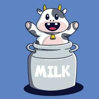 carino cartone animato di mucca portafortuna personaggio con latte pentola vettore illustrazione