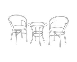 linea arte di moderno sedie con tavolo impostato interno con bianca sfondo, mano disegno vettore
