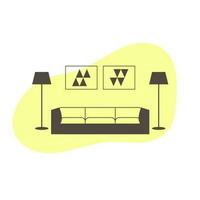 vivente camera icona con divano, Due pavimento lampade e manifesti. piatto mobilia icona su astratto giallo figura vettore