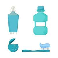 impostato dentale filo interdentale, collutorio, dentifricio e spazzolino isolato su bianca sfondo nel piatto stile. vettore illustrazione