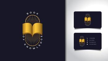 design del logo a libro aperto con stile vintage in sfumatura oro vettore