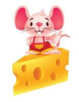 il mouse sveglio del fumetto mostra il pollice sulla mano e in piedi sul grande formaggio svizzero vettore