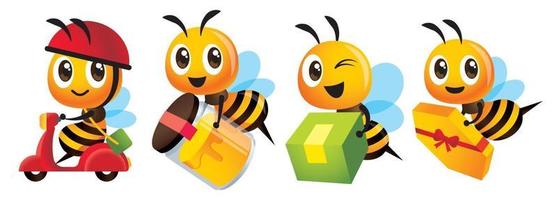 ape carina cartone animato consegna prodotti con scooter o porta bottiglia di miele biologico o confezione regalo vettore