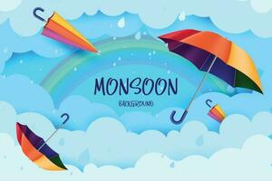 contento monsone stagione sfondo. arcobaleno, ombrello nuvole, tuono, carta barca e pioggia scarpe vettore
