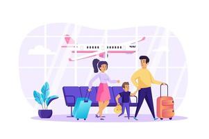 famiglia con bambino nel concetto di terminal dell'aeroporto illustrazione vettoriale di personaggi di persone in design piatto