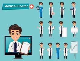 set di dottore medico simpatico personaggio dei cartoni animati vettore