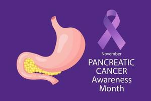 pancreatico cancro consapevolezza mese. bandiera con viola nastro e pancreas. vettore