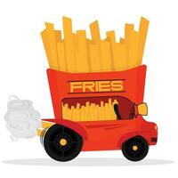 cartone animato patatine fritte auto su ruote. francese patatine fritte camion o Patata furgone con da corsa Accessori. vettore piatto illustrazione