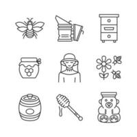 apicoltura linea icona impostare. collezione simbolo con ape, alveare, Miele, apicoltore, attrezzature, apiario. vettore