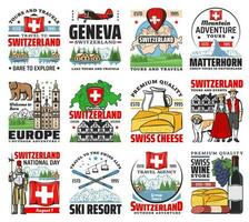Svizzera cultura, viaggio punti di riferimento retrò icone vettore