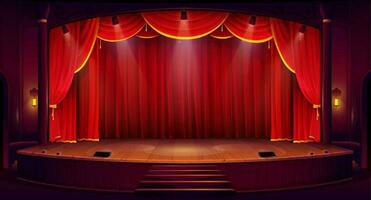 cartone animato Teatro palcoscenico con rosso tende, scena vettore