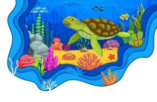 cartone animato tartaruga e coralli, subacqueo carta tagliare vettore
