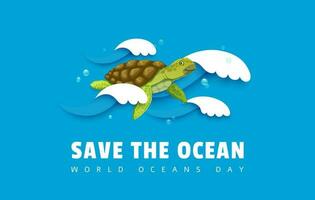 Salva il oceano manifesto cartone animato mare tartaruga carta tagliare vettore