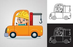 vettore cartone animato di poco ragazzo con casco su trainare camion