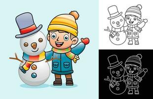 vettore cartone animato di poco ragazzo nel inverno cappotto in piedi con divertente pupazzo di neve