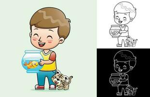 cartone animato di un' ragazzo Tenere pesce nel vaso con gatto nel il suo piedi. colorazione libro o pagina vettore