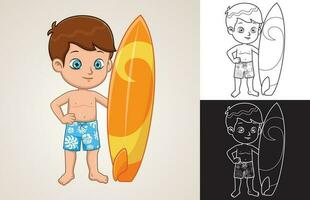 vettore cartone animato di poco ragazzo con tavola da surf