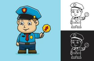 vettore illustrazione di cartone animato ragazzo nel traffico poliziotto uniforme Tenere traffico cartello