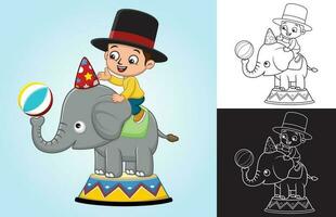 vettore cartone animato di poco ragazzo cavalcata su divertente elefante nel circo mostrare