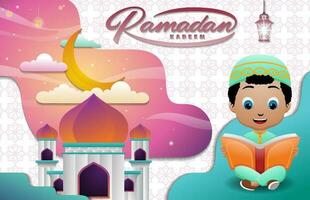 musulmano ragazzo cartone animato seduta su pavimento mentre lettura corano, moschea con mezzaluna Luna, Ramadan mese elementi vettore