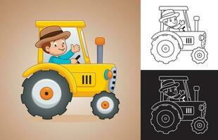 vettore cartone animato di poco ragazzo contadino su trattore