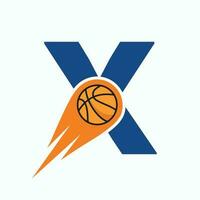 lettera X pallacanestro logo concetto con in movimento pallacanestro icona. cestino palla logotipo simbolo vettore