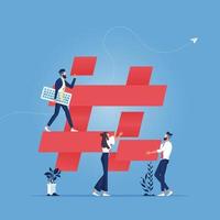 le persone costruiscono l'icona hashtag, il concetto di social media vettore