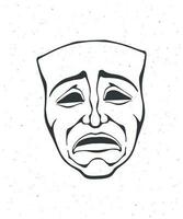 schema di teatrale Dramma maschera. Vintage ▾ musica lirica maschera per tragedia attore. viso esprime negativo emozione. film e Teatro industria. vettore illustrazione. mano disegnato schizzo, isolato su bianca sfondo