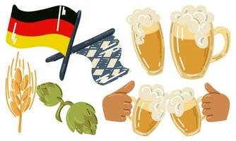 mini impostato per oktoberfest - bicchieri di birra, bandiere di Germania e Baviera, un' bicchiere di birra, persone con birra siamo coniato, luppolo, grano. piatto vettore illustrazione per un' vacanza