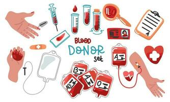 grande impostato sangue donazione, sangue trasfusione vettore. un' impostato di ematologia icone. sangue donazione, un' assistenza sanitaria concetto. mondo sangue donatore giorno, del paziente sangue nel borse, medico sangue campionamento, sangue tipi vettore