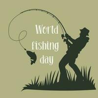 un' cartolina per del pescatore giorno con un' silhouette di un' uomo chi catturato un' pesce su un' pesca asta. pesca come un' vacanza. bandiera con un' buio silhouette, schema. stampa su saluto carte vettore